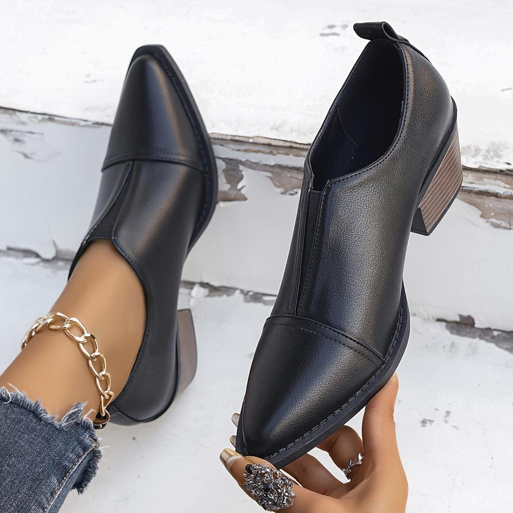 Western Style Elastic Single Shoes, British Style Pointed Toe, Thick Heel, Large Size Chelsea Small Leather Shoes for Women, 2025