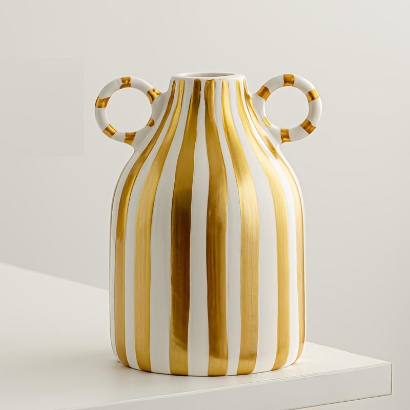 Hand-Painted Ceramic Vase with Dual Handles - Striped, Cylinder Design for Living Room Decor, Earthenware, Decorative Ornaments
