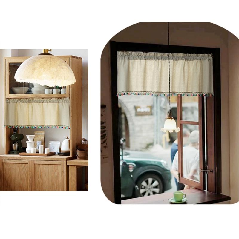 Short Curtain With Colorful Tassels For Home Decors Semi Sheer Window Drape Valance Panel Easy Installation Rod Pocket