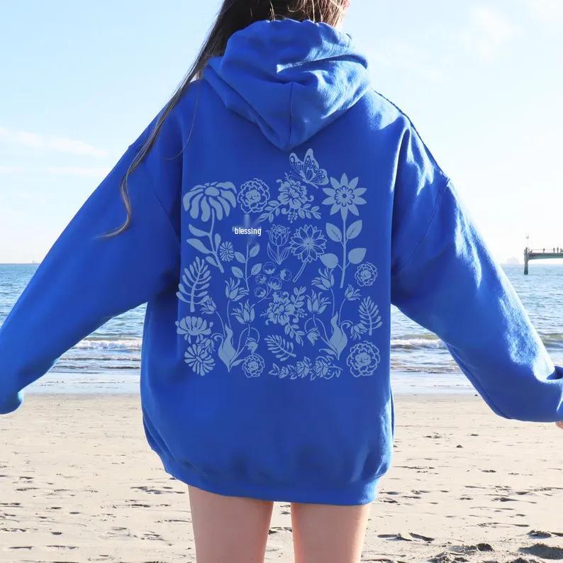 2025 Women's European Fit Drop Shoulder Ribbed Print Hoodie