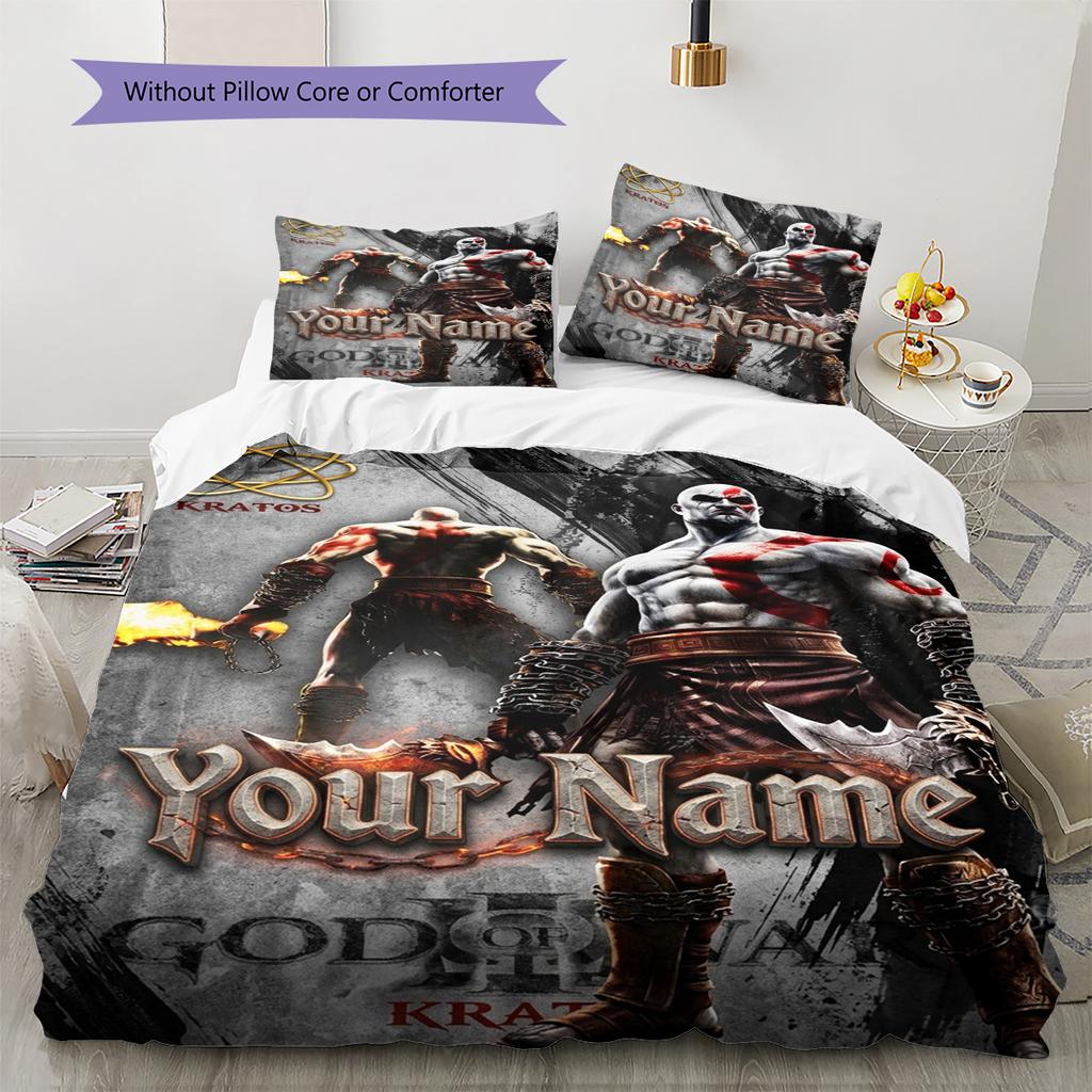 Name Custom God of War Pattern Bedding Set Quilt Cover Pillowcase Home Decor Gift (1 * Duvet Cover + 2 * Pillowcase, Without Core)