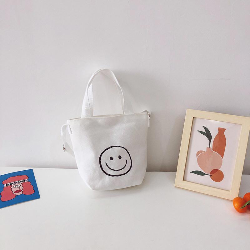 Cute Smiley Face Kids Crossbody Bag Durable Breathable Canvas Material белый