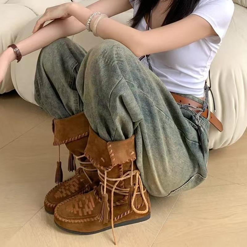 Bohemia Tassel Stitching Decoration Riding Boots Women Autumn Soft Wedge Heel Western Cowboy Boots Sexy Suede Wandering Shoes
