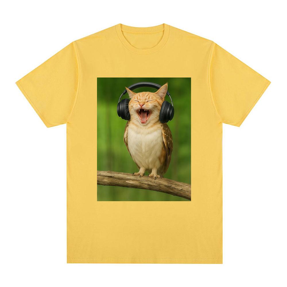 Cat Owl Headset Funny Meowl Meme Tshirts Mens Women Clothing Fashion Harajuku Short Sleeves Cotton Summer T Shirts Streetwear