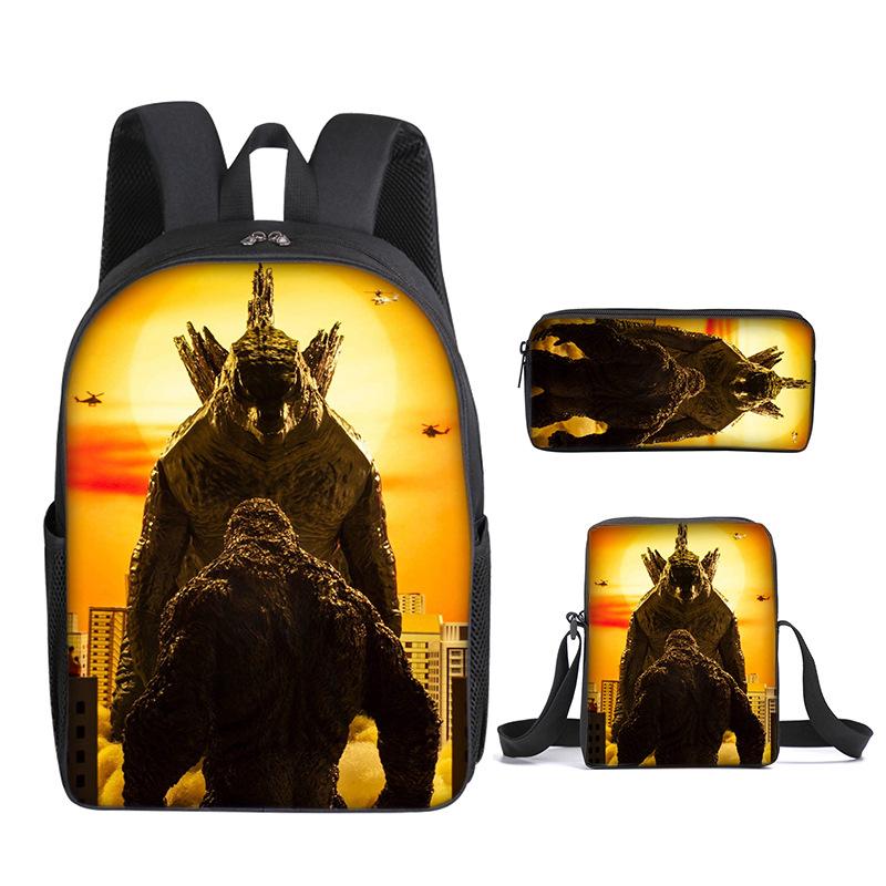 2021 Godzilla Wars King Kong School Bag Three-Piece Combination Set Primary And Secondary School Students Printed Backpack Cartoon School Bag