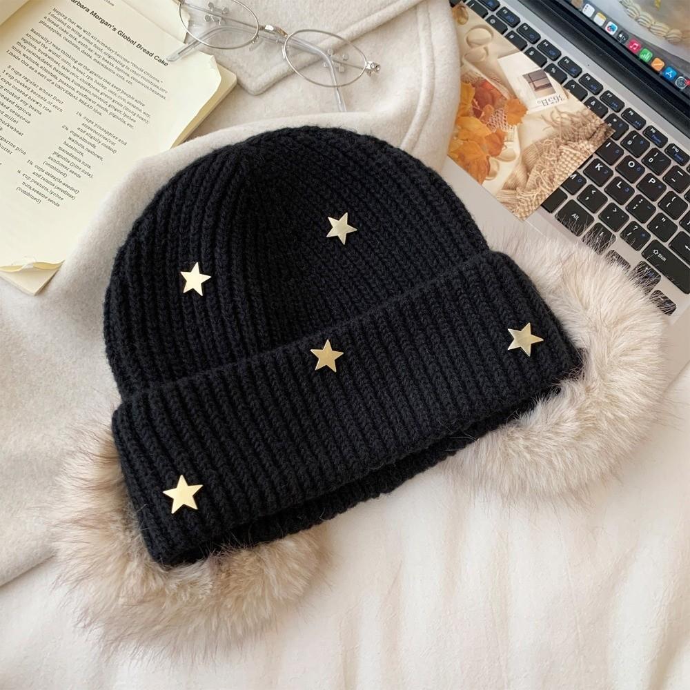 Ear Protection Star Knitted Beanie Hat Cuffed Design Thick Warm Beanie Outdoor Wear
