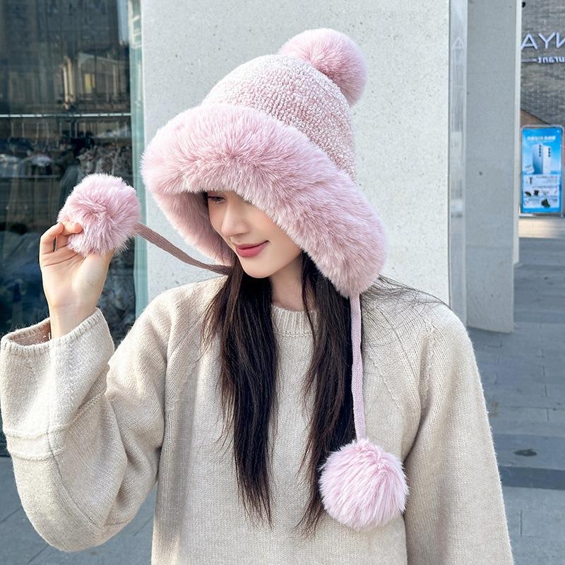 

Plush Plush Thickened Double-layer Knitted Hat Winter Wool Hat Female Cute Hairball Hat рожевий