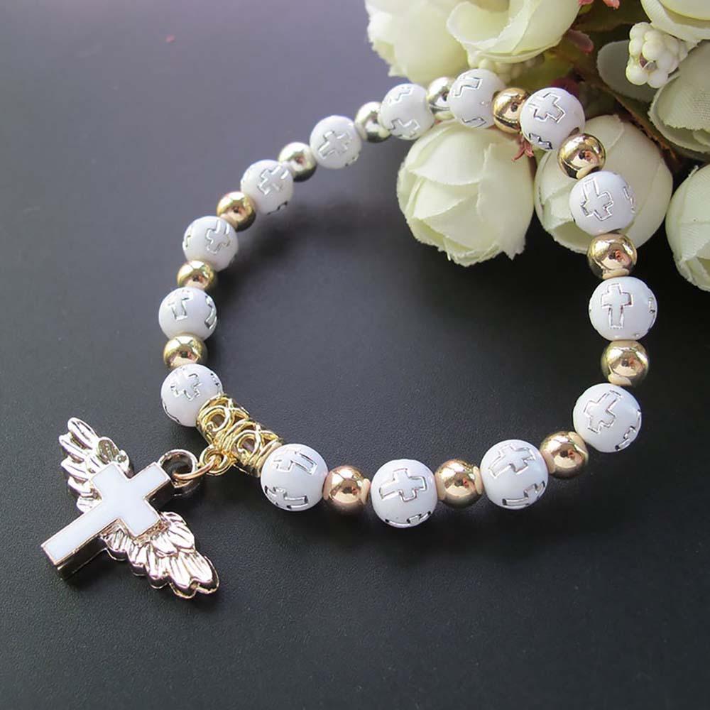 

Exquisite Angel Wing Cross Rosary Bracelets Bronzing Acrylic Baptism Stretch Beaded Bracelets for Women Girls Religious Gift COLOR