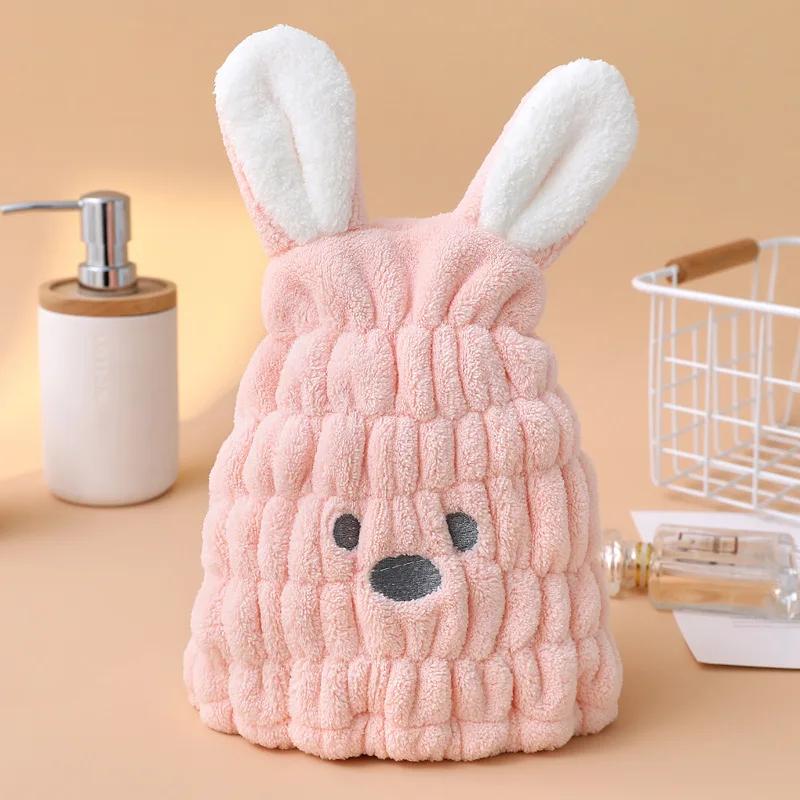 Cute Cartoon Coral Fleece Dry Hair Cap Baby Rabbit Ear Towel Thick Absorbent Quick Drying Soft Delicate Girl's Shower Cap