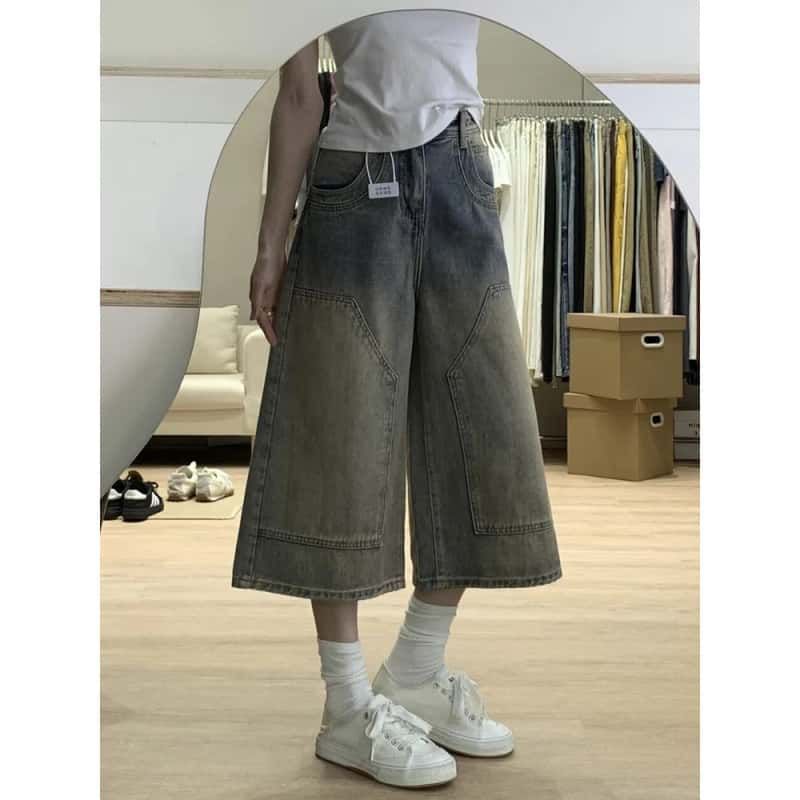 Women s High Rise Vintage Washed Denim Capri Pants Loose Fit Straight Leg Casual Cropped Jeans S