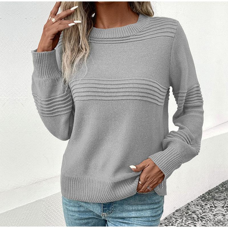 Autumn Casual Top Multi-Color Crew Neck Long Sleeve Jacquard Solid Color Women Sweater