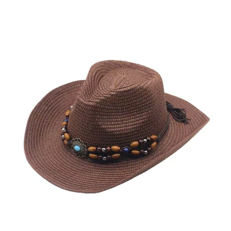 Spring and summer ethnic style western denim straw hat European and American men and women foldable windbreak rope knight sun hat adult