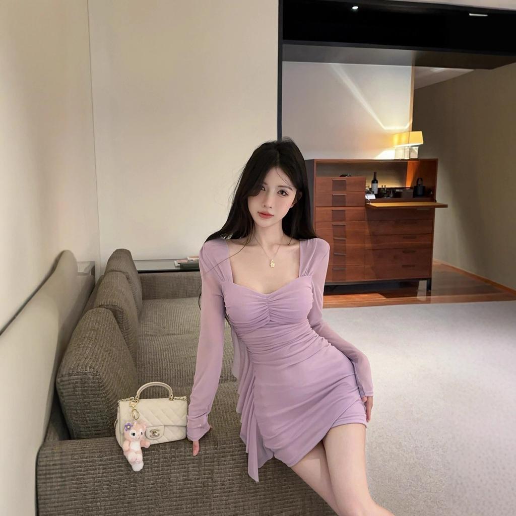 Autumn new sexy dress low-cut square neck mesh fringed slim-fit pleated hip-wrapped bottoming long-sleeved dress