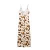 Women's Spring New European and American Style Silk Satin Texture Printed Midi Suspender Dress