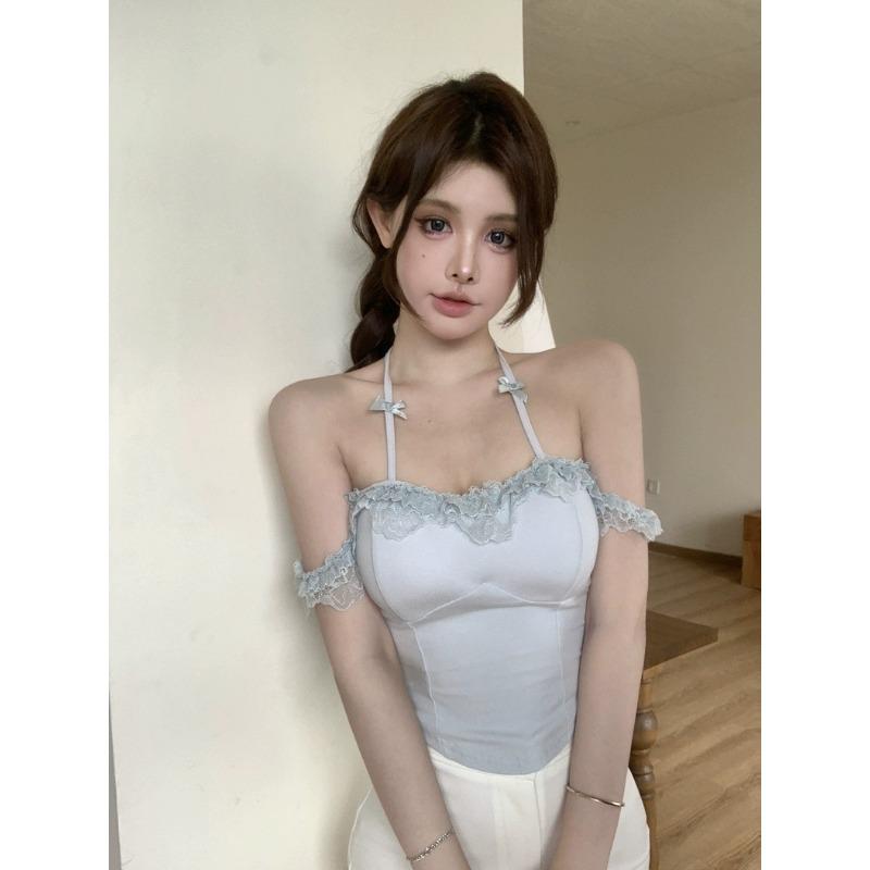 Cotton Pure Wind Lace One-line Shoulder Hanging Neck Bow with Chest Pad Small T-shirt Female Summer Spice Girls Wear Outside