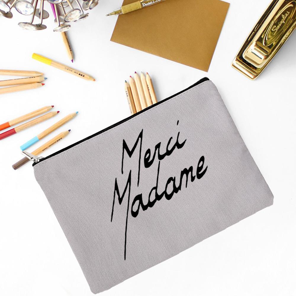 Merci Madame Print Pencil Bag Large Capacity School Stationery Supplies Storage Bags Travel Make Up Bag Year-end Gift for Madame