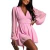 European and American Style Bubble Sleeves High Waist V Neck Long Sleeve Dress, Deep V Design Small Dew Sexy, Temperament Short Skirt