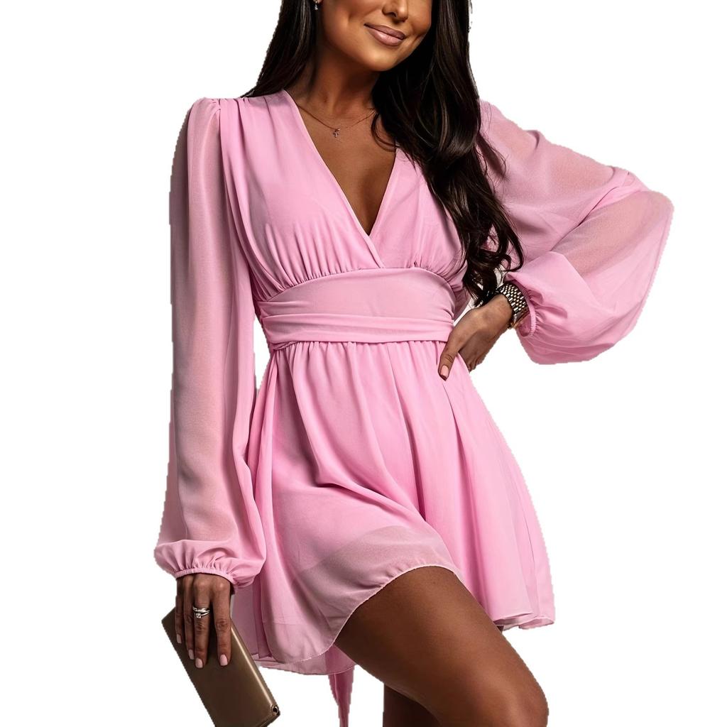 European and American Style Bubble Sleeves High Waist V Neck Long Sleeve Dress, Deep V Design Small Dew Sexy, Temperament Short Skirt