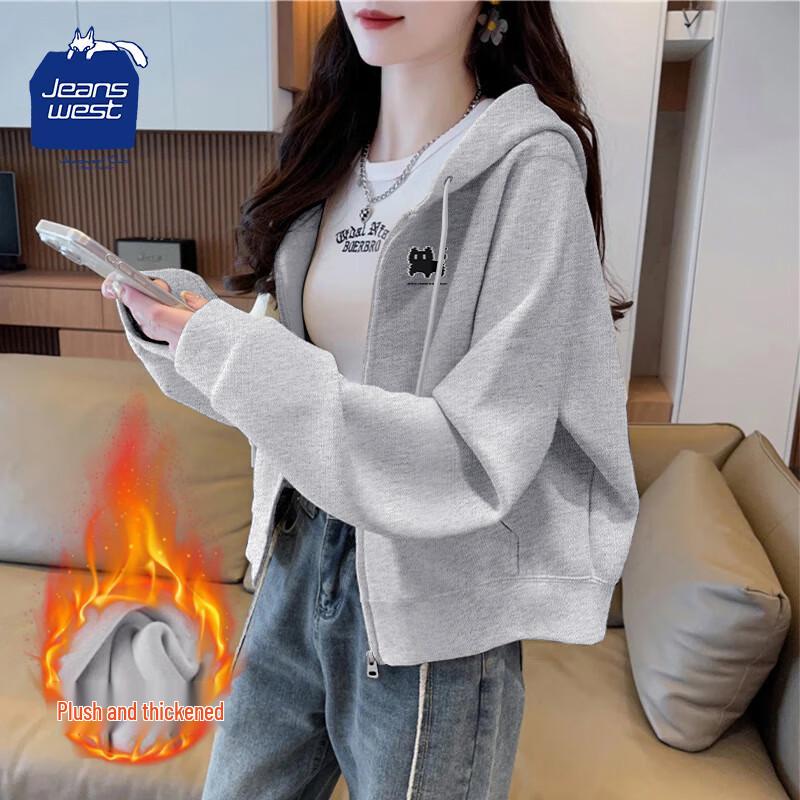 JEANSWEST CLUB Women s Wavy Cat Print Fleece Hooded Cardigan M