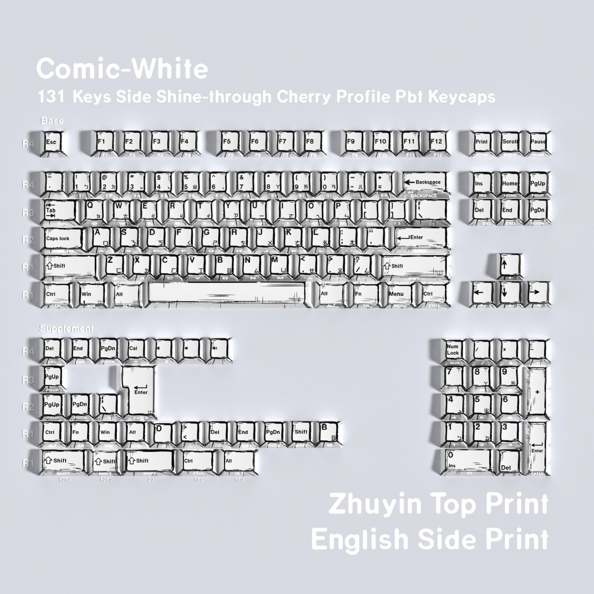 

JCM Comic White Double-Shot Translucent PBT Keycaps Set: Korean, Russian, German, Spanish, French, Arabic Layouts.