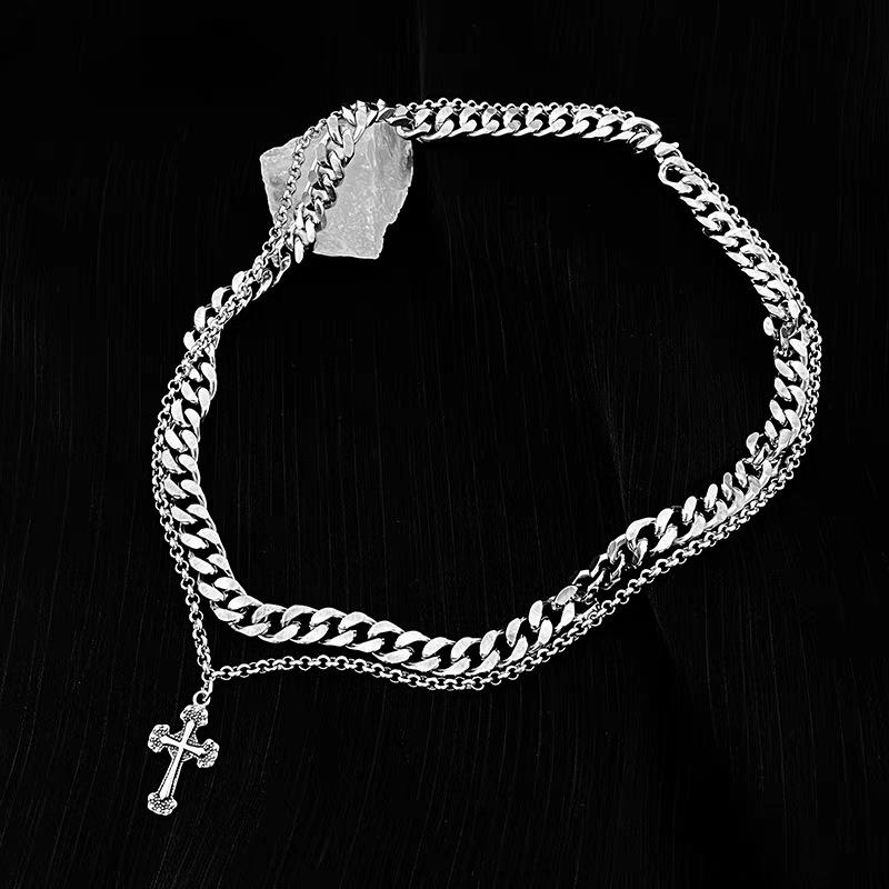 Cross Necklace Double Stacked Hip Hop Cold Style Men's Tide Sweater Chain ins Jewelry Titanium Steel Necklace