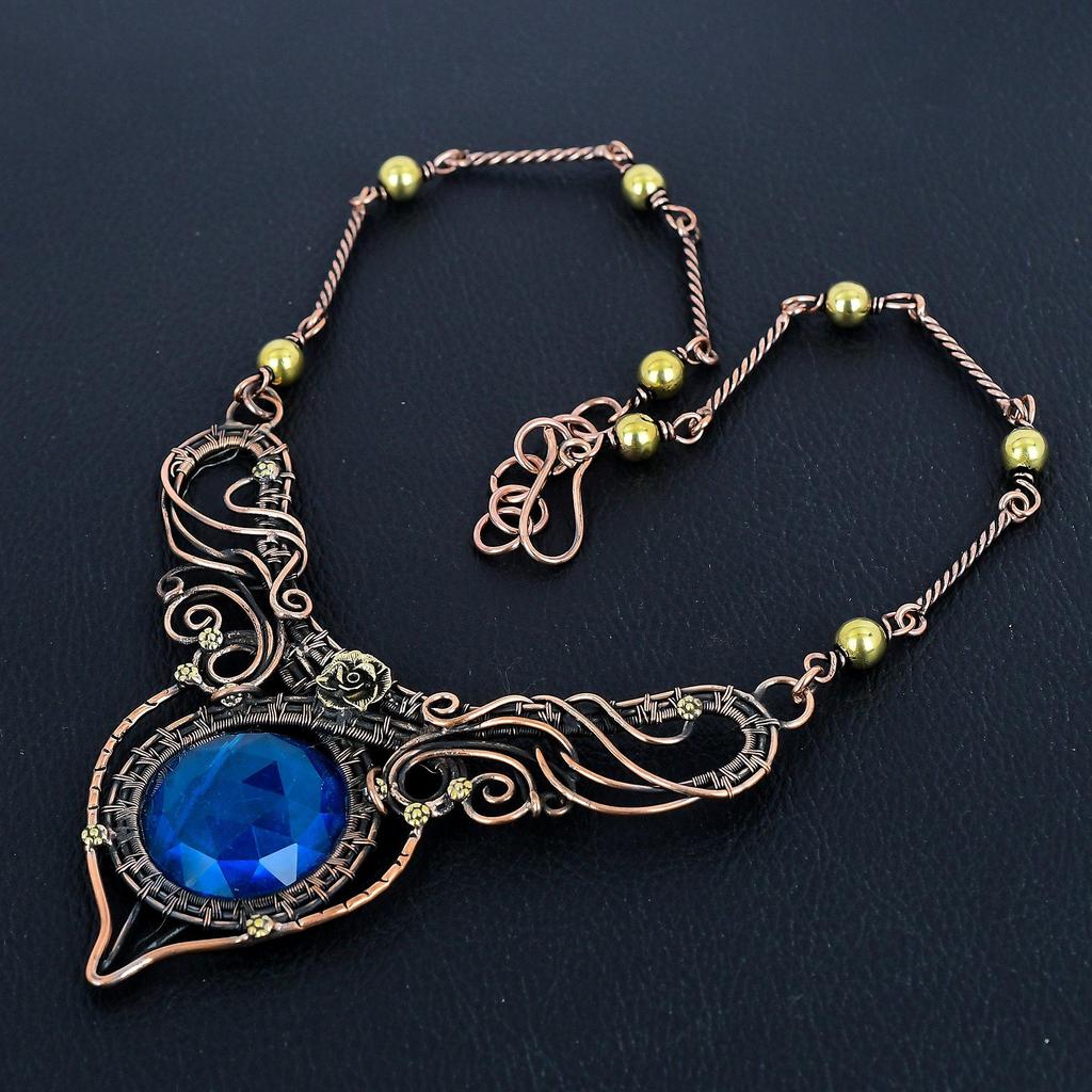 Blue Topaz Necklace, 999 Copper Wire Wrapped Jewelry, Gemstone Necklace Whit Adjustable Chain Gift For Her, Handmade Dainty Jewelry