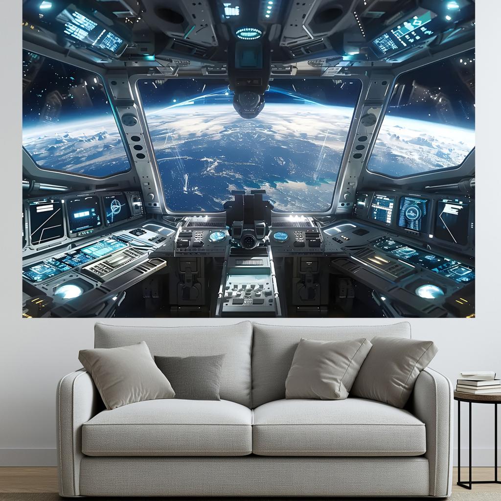 One polyester spaceship cockpit wall decoration, futuristic navigation control room design, multi-functional banner