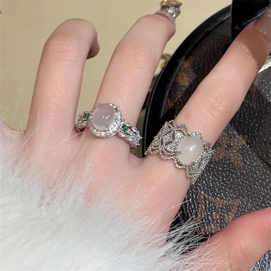 French retro white chalcedony jade ring female ring index finger ring