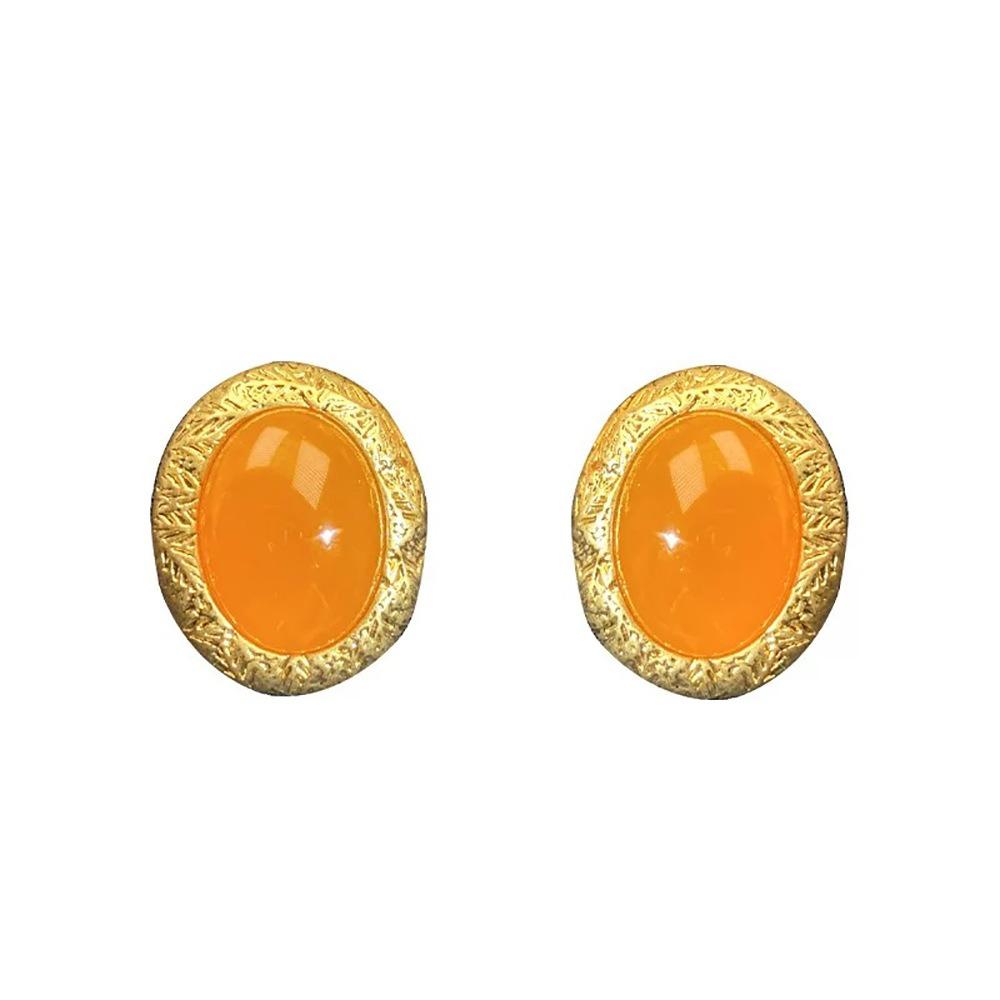 Retro Temperament Orange Yellow Oval Gold Color Cloud-patterned Trim Stud Earrings for Women Fashion Luxury Jewelry Accessories