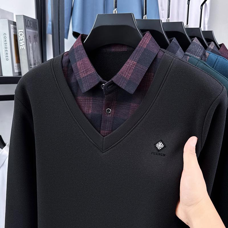 Men's Winter Faux Two-Piece Sweater with Shirt Collar and Velvet-Lined Knitwear