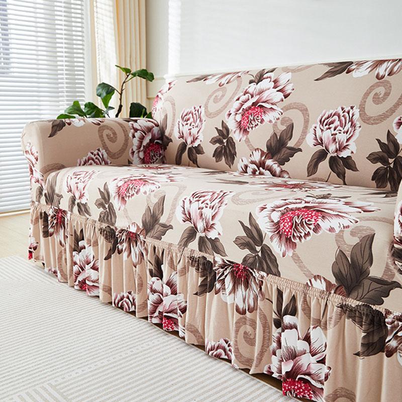 Floral Printed Elastic Sofa Cover With Skirt Hem Non-Slip Seat Cushion With Elastic Band All-Cover Couch Covers For All Seasons