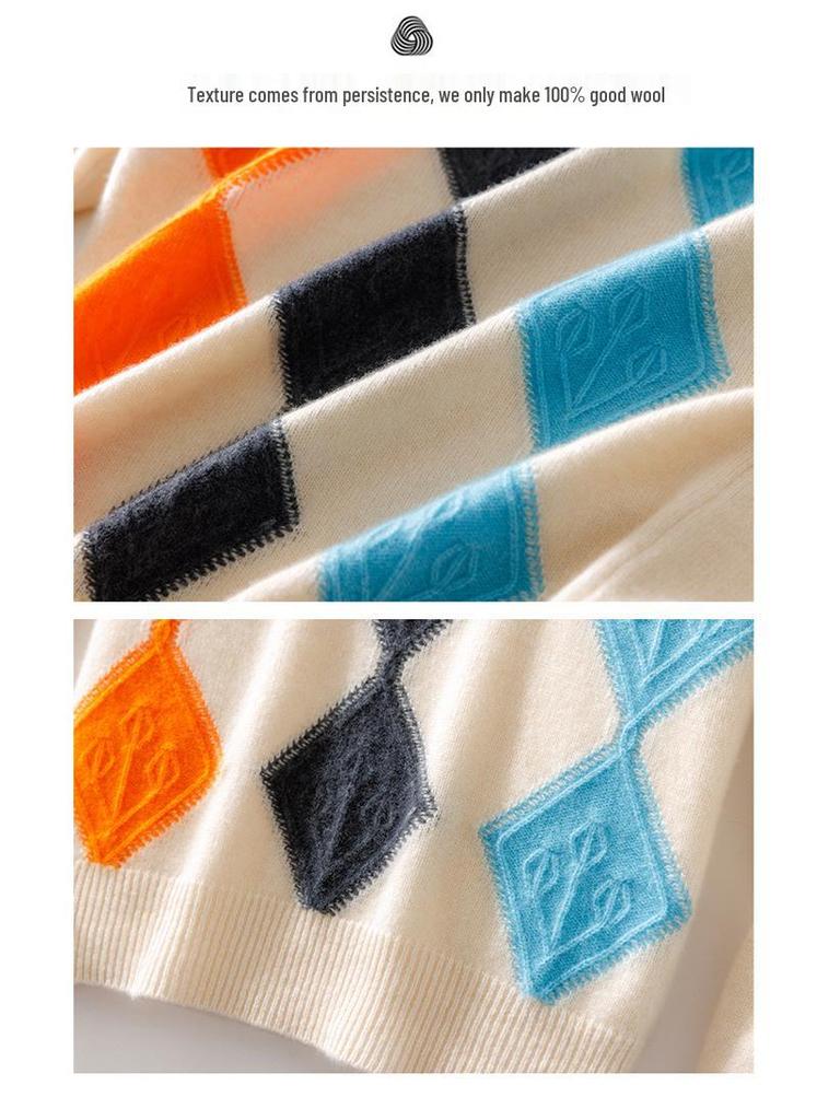 Men's Wool Color Block Round Neck Sweater - 2024 Autumn/Winter Collection