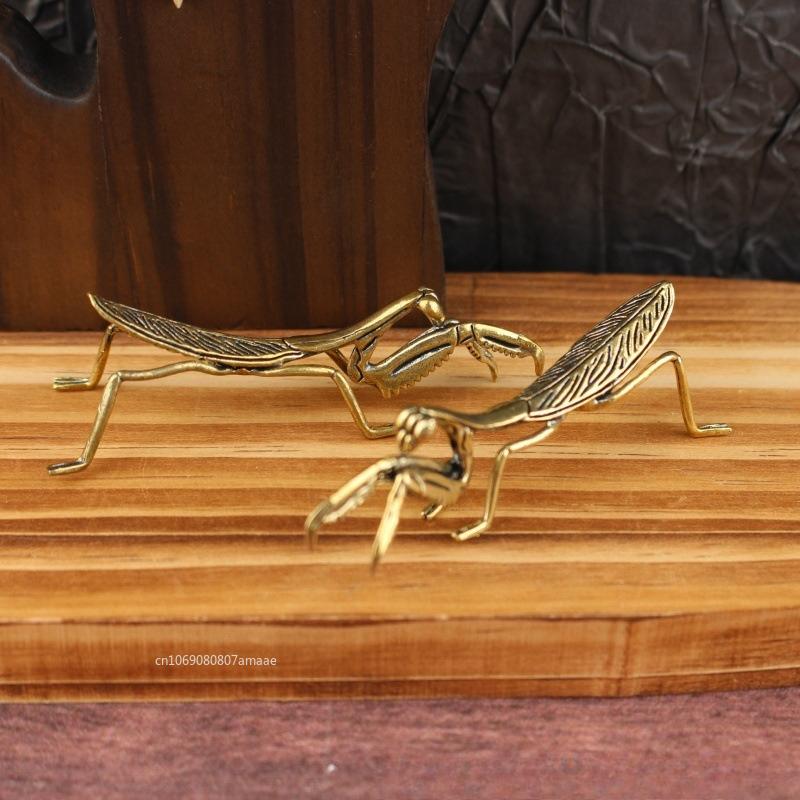 Copper Mantis Miniature Ornament Tea Pet Antique Solid Insect Figurine Desk Decoration Craft Accessories Vintage Flowerpot Decor