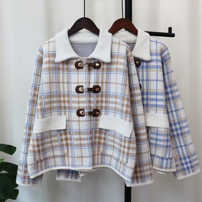 Autumn and Winter New Contrasting Color Plaid Knitted Double-sided Tweed Jacket Design Sense Loose Temperament Sweater Cardigan Women