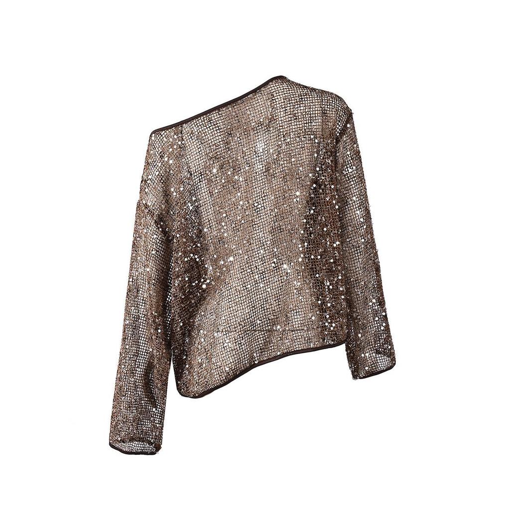 Autumn 2025 Asymmetrical Neckline Sequined Cutout Top for Women