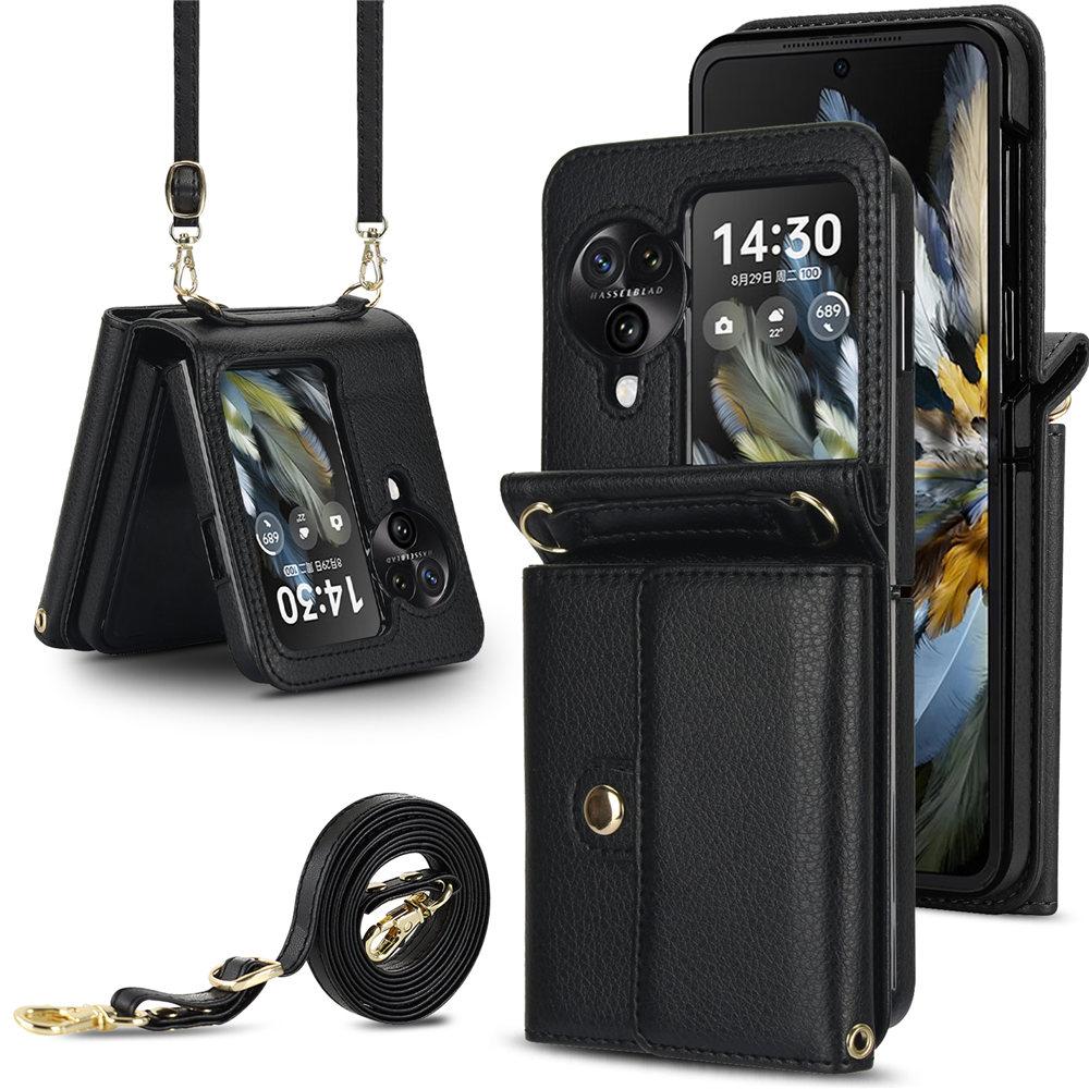 

Luxury Crossbody Cards Slot Wallet Leather Case For OPPO Find N3 Flip N2 Flip Long Lanyard Strap Cover Coque For Find N2 Flip чёрный