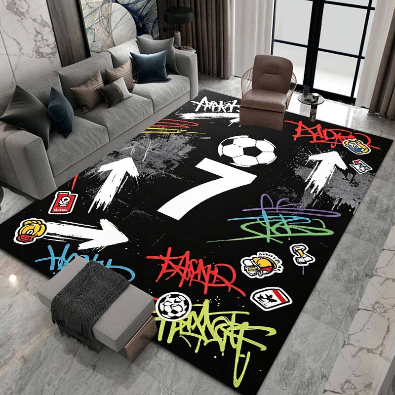 Red and Green Color-Block "Number 7" Soccer Rug – Minimalist Geometric Sports Floor Mat – Non-Slip Large Rug for Boys' Bedrooms and Teen Rooms