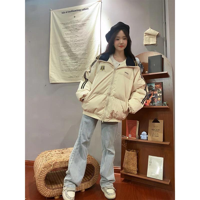 Retro Women's Color Block Stand-up Collar Warm Cotton Jacket - Autumn/Winter Loose Fit Trend