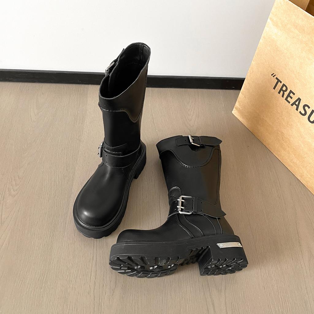 Cowhide Version~ Thick-soled Retro Old Medium Boots Women's British Style Belt Tooling Shoes Sleeve Knight Boots Locomotive Boots