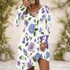 Women White Floral Leaf Printed Criss Cross V Neck Long Sleeve Fitted Curved Hem Dress