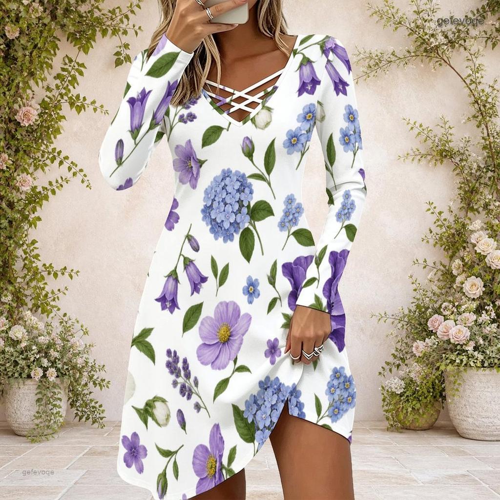 Women White Floral Leaf Printed Criss Cross V Neck Long Sleeve Fitted Curved Hem Dress