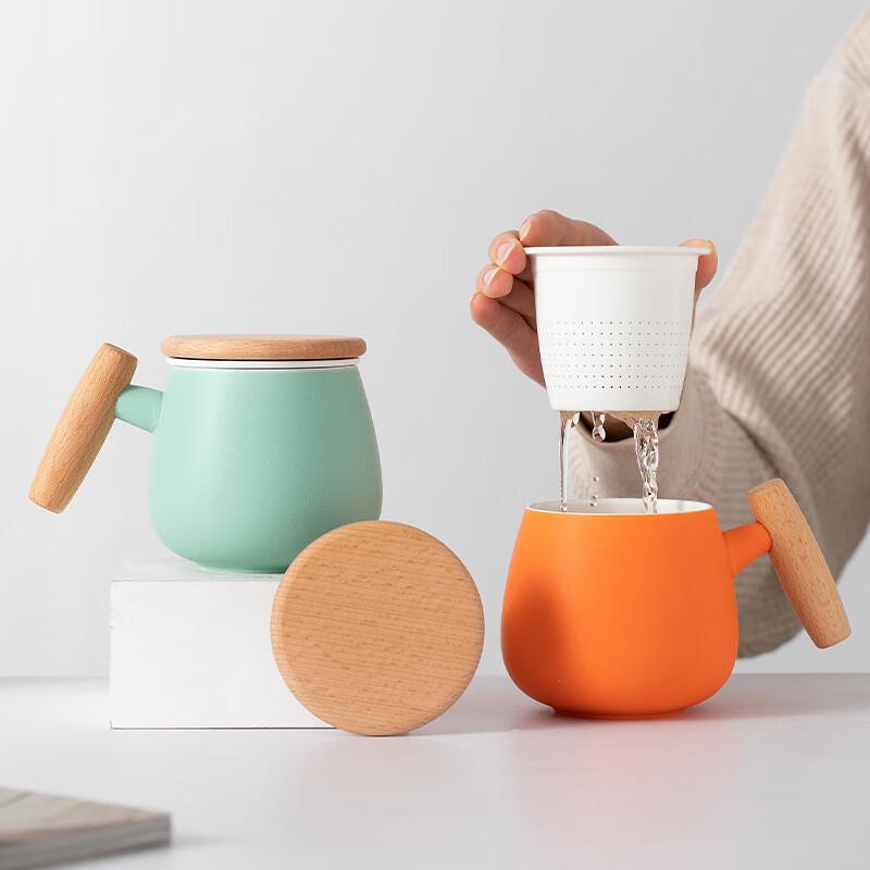 TLAKEHO Ceramic Tea Infuser Cup with Wooden Handle