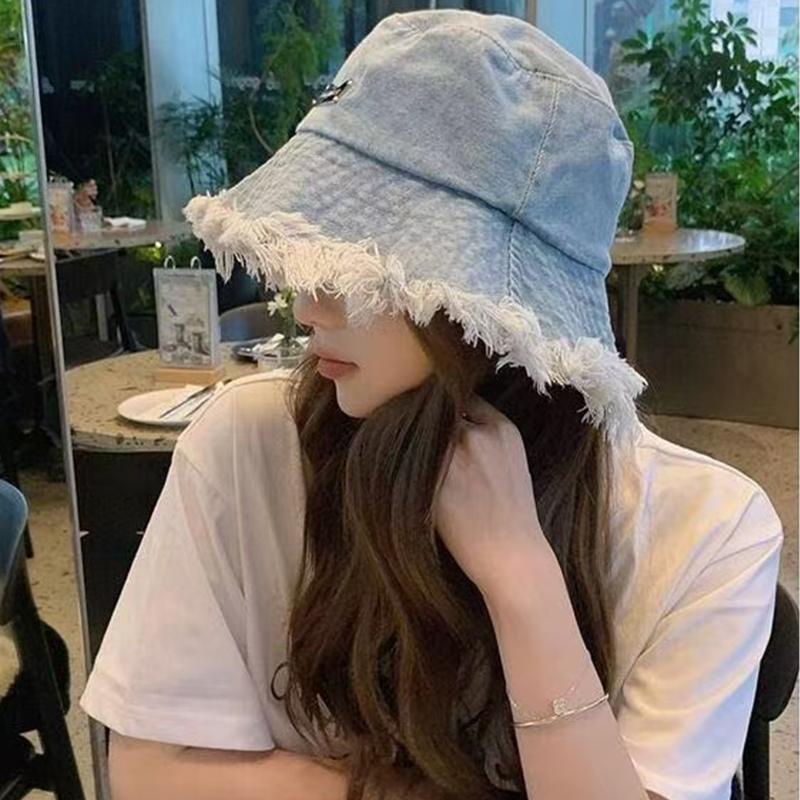 Women Cowboy Bucket Hat Washed Denim Tassel Brim Fisherman Hats For Girls Metal Label Outdoor Panama Basin Cap