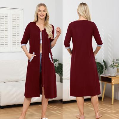 Accappatoi da donna in cotone a maniche corte con tasche con cerniera, accappatoio lungo, pigiama da notte, abbigliamento casual estivo per la casa
