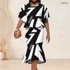 Women Plus Size Two Piece Set Round Neck Batwing Short Sleeve Printed Ruffle Top Fishtail Skirt Black
