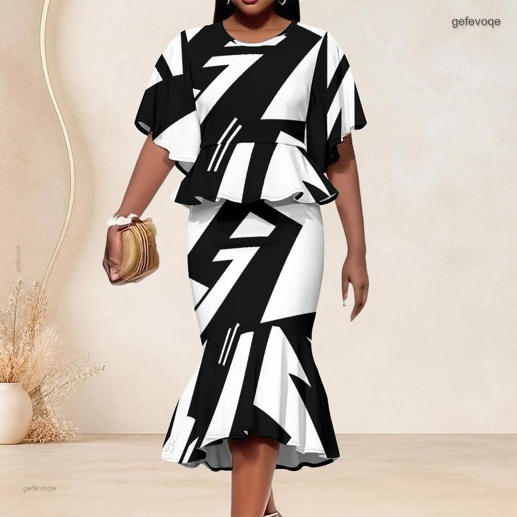 Women Plus Size Two Piece Set Round Neck Batwing Short Sleeve Printed Ruffle Top Fishtail Skirt Black