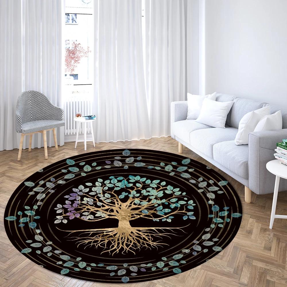 World Tree Round Rug Area Rug Viking Norse Mythology Print Round Carpet Living Room Bedroom Floor Mat Playroom Soft Round Carpet