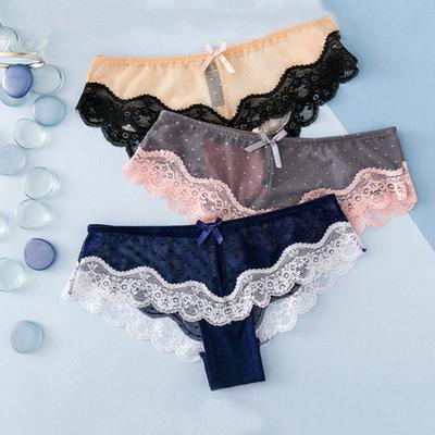 2Pcs Women Sexy Lace Patchwork See Through Bow Low Waist Elastic Briefs Panties