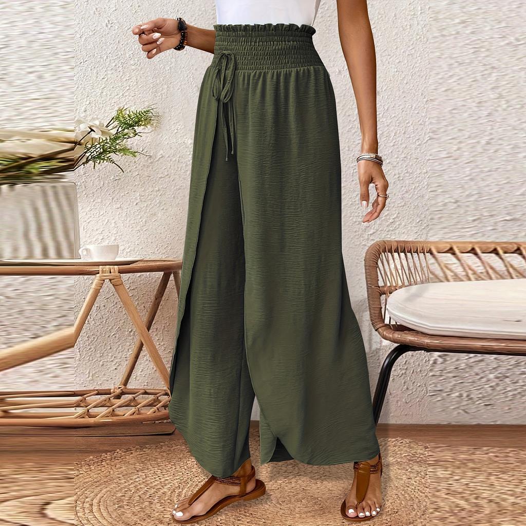 Women's Elastic Waist Irregular Hem Wide Leg Casual Pants Solid Color Loose Straight Pants