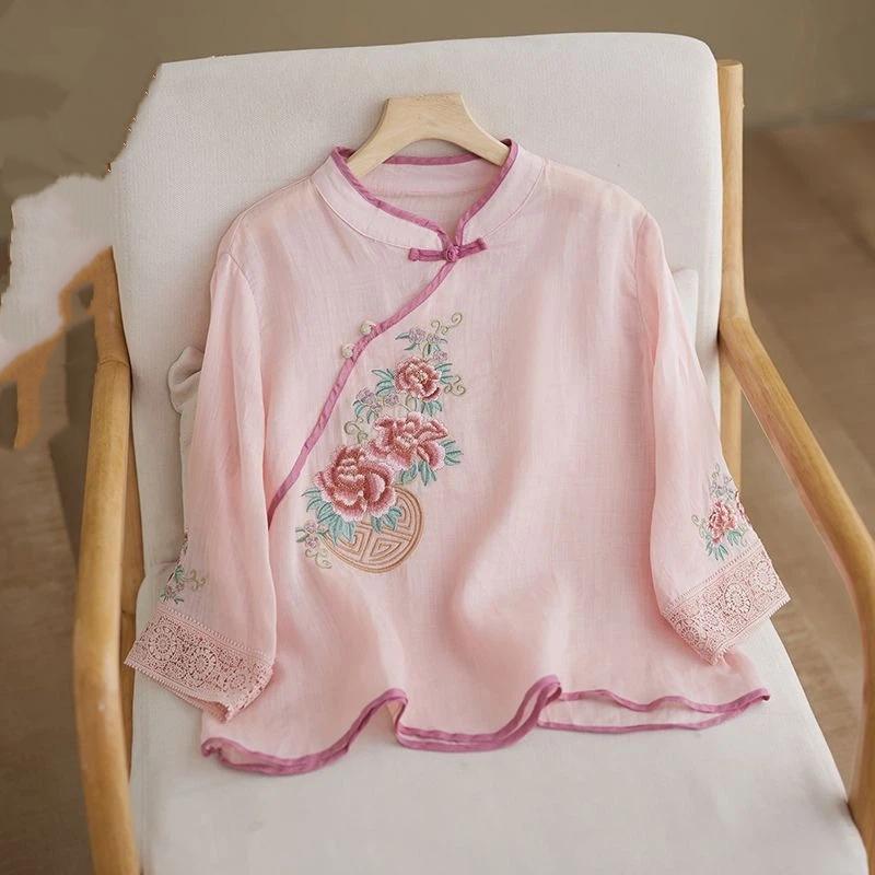 Women Chinese Style Floral Embroidered Mandarin Collar Three Quarter Sleeve Linen Cotton Blend Blouse